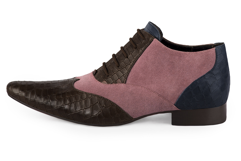 Dark brown, dusty rose pink and navy blue lace-up dress shoes for men. Tapered toe. Flat leather soles. Profile view - Florence KOOIJMAN